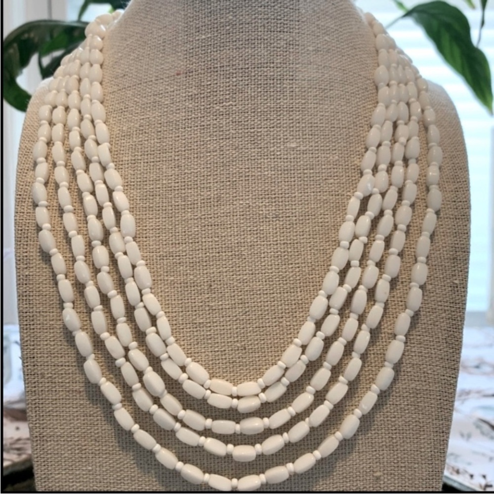 Vintage 50s Beaded Milk Glass Multi Strand
Necklace West Germany